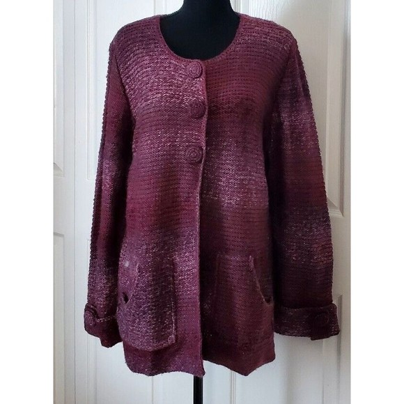 Laura Ashley Wool Blend Duster Womens Burgundy Cardigan Button Sweater Size L - Picture 1 of 6
